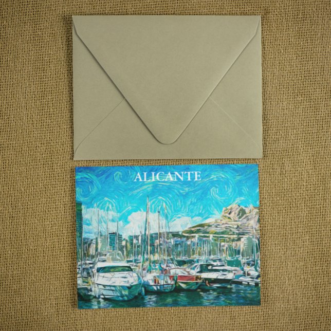 Fina Alicante Oil Illustration Vykort (Alicante Spain coastal view postcard)