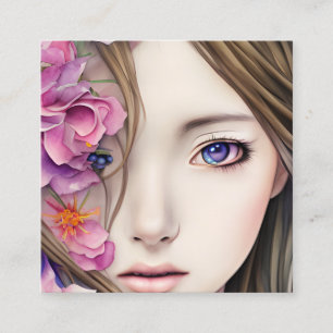 Fina Anime Girl med blommor Fyrkantigt Visitkort