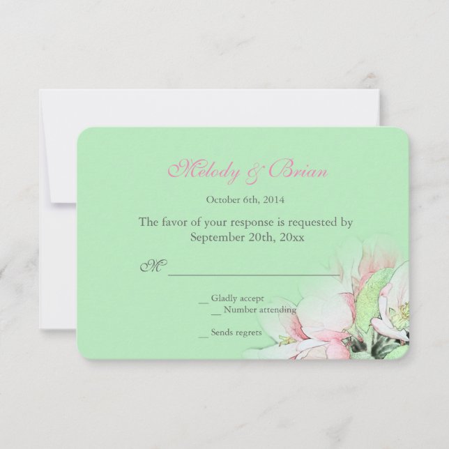 Fina äppelblommor av rosa i grönt osa bröllop kort (Framsida)