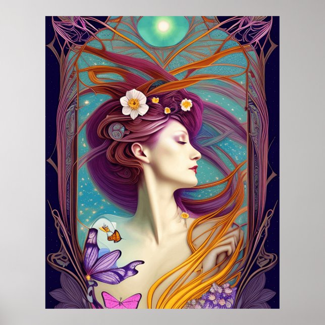 Fina Art nouveau Blå teal-fjärilblommor Poster (Framsidan)