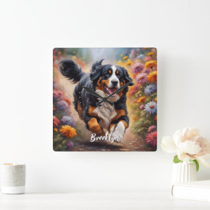 Fina Bernese Mountain Hund & Flowers Fyrkantig Klocka