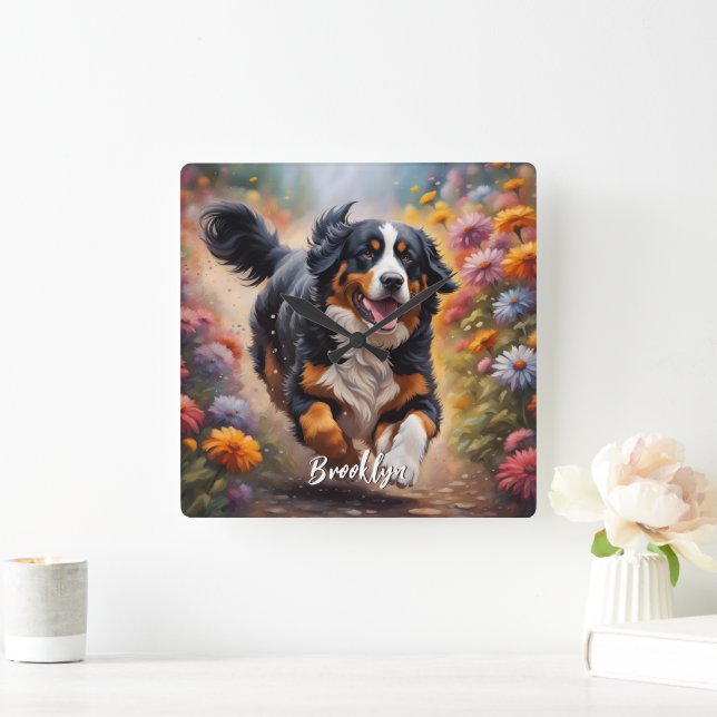 Fina Bernese Mountain Hund & Flowers Fyrkantig Klocka (Hem)