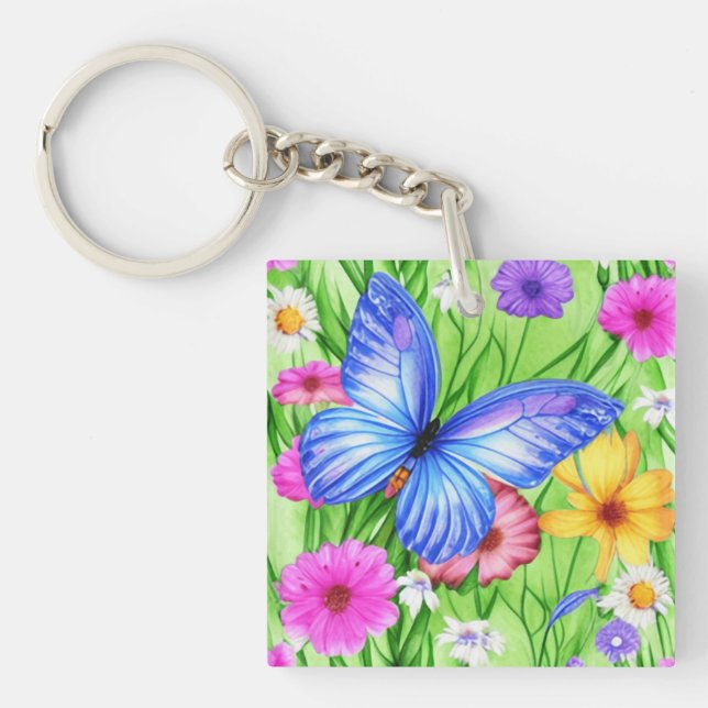 Fina blå fjäril med blommor Vattenfärg (Framsidan)