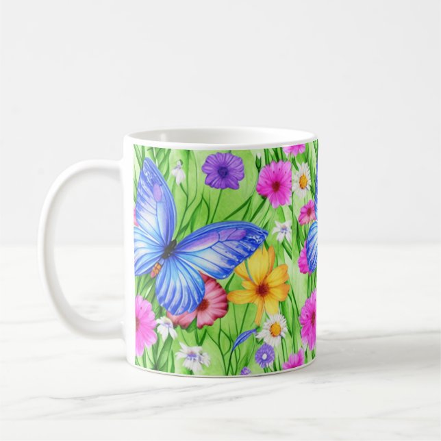 Fina blå fjäril med blommor Vattenfärg Kaffemugg (Vänster)