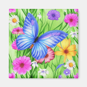 Fina blå fjäril med blommor Vattenfärg Magnet