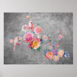 Fina blommor och fåglar med flera färgader på konk poster