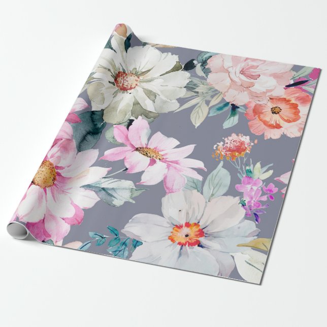 Fina blommor och löv målade, blommor, abbar presentpapper (Utrullad)