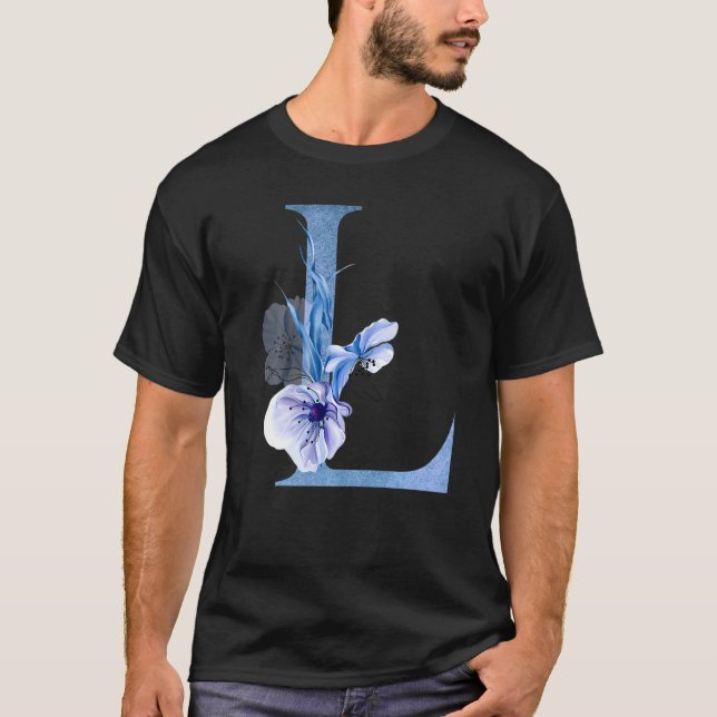 Fina Blue L Brev Flowers Initial Blommigt Mon T Shirt (Framsida)