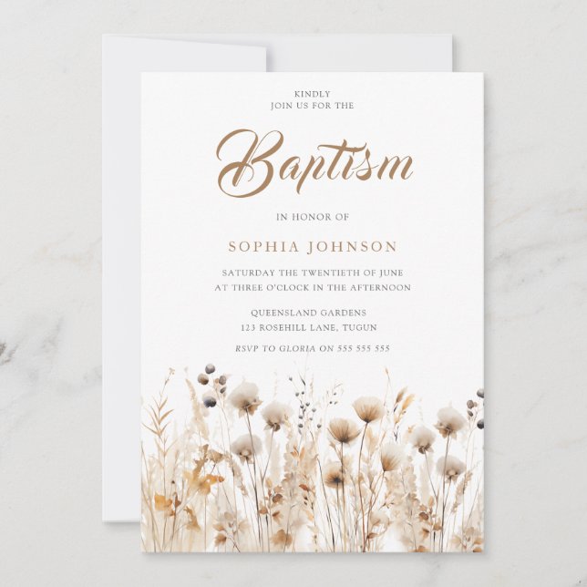 Fina Boho Watercolor Wildblombaptism Inbjudningar (Framsida)