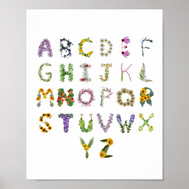 Fina Botaniska blommor Alphabet Baby Nursery Poster (Framsidan)