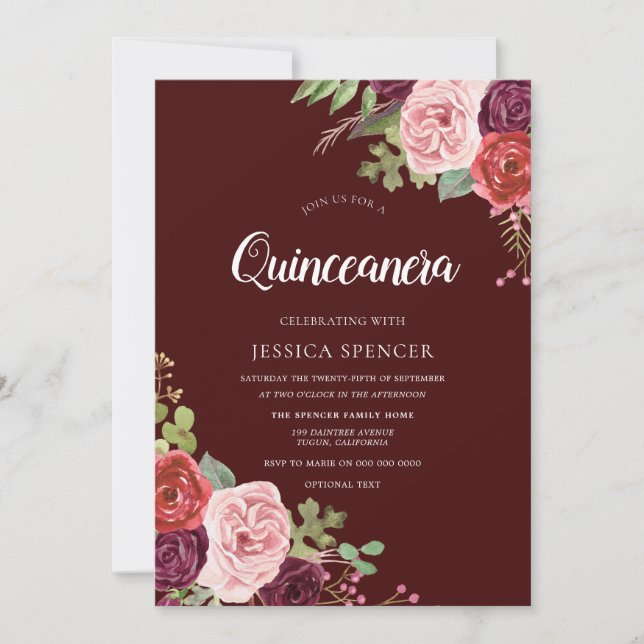 Fina Burgundy Flowers Quinceanera Inbjudan (Framsida)