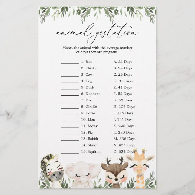 Fina djur Baby Shower Animal Gestation Game (Framsida)