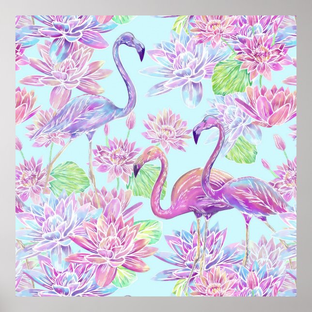 Fina flamingos och lotus blommor poster (Framsidan)