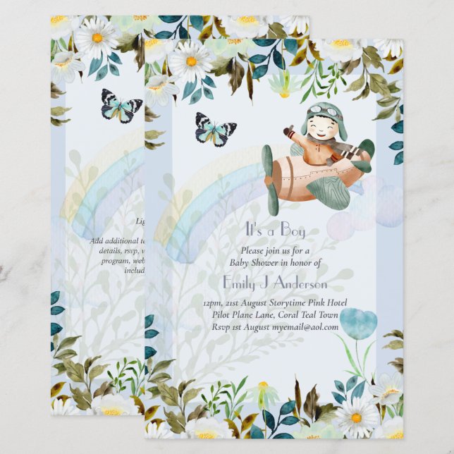 Fina flygplan Pilot Boys Baby Shower Inbjudan (Fram/baksida)