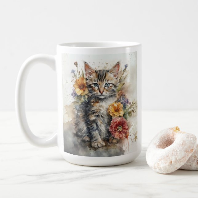 Fina Grått Tabby katt Flowers Kaffemugg (Med munk)