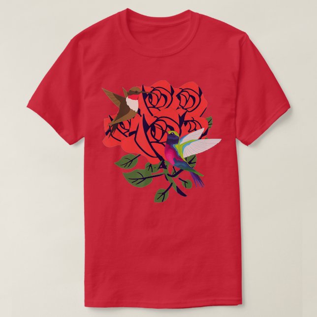 Fina hummingfåglar med blommor av röd ros t shirt (Design framsida)