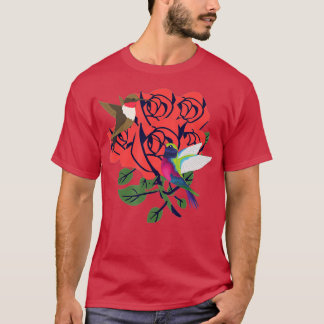 Fina hummingfåglar med blommor av röd ros t shirt