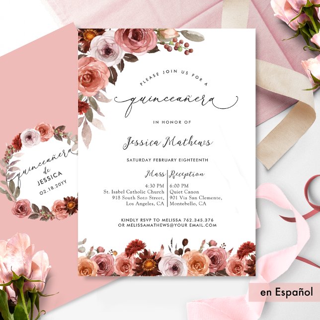 Fina Invitación de Quinceañera con Flores en Rosa Inbjudningar (Skapare uppladdad)