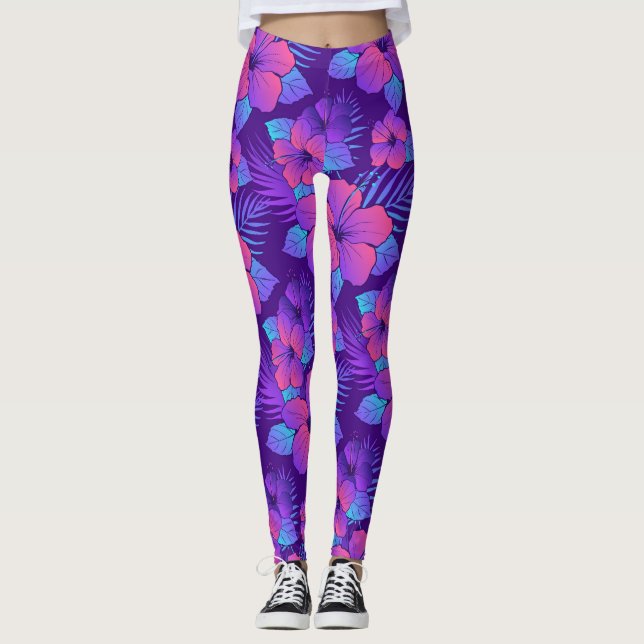Fina lila hibiscus-blommor leggings (Framsida)