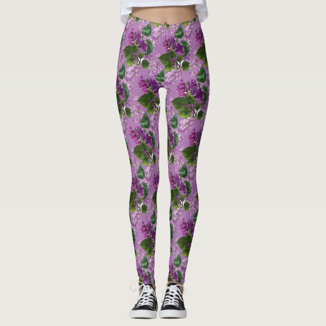 Fina Lila Mauve Lilace Flowers Leggings (Framsida)