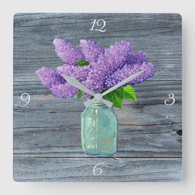 Fina Lilacs i Rustic Mason Burk Fyrkantig Klocka (Framsida)