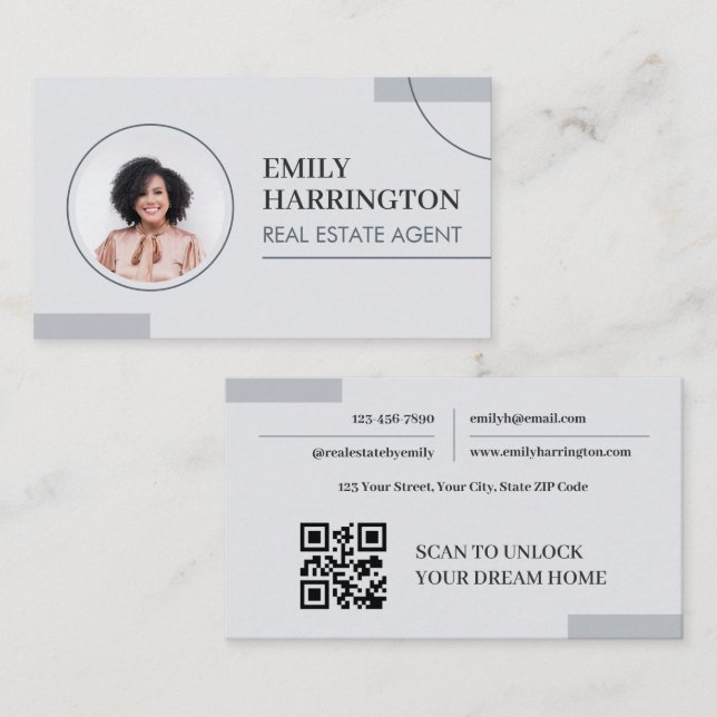 Fina linjer Foto QR-kod Fastighetsmäklare Grå Visitkort (Fram/baksida)