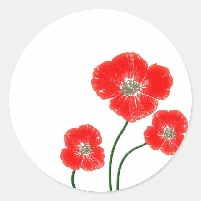 Fina, ljusröda vallmoblommor runt klistermärke (Framsida)