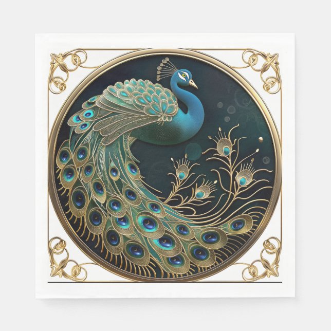 Fina Peacock Blue Guld Turquise Art Deco Pappersservett (Framsidan)