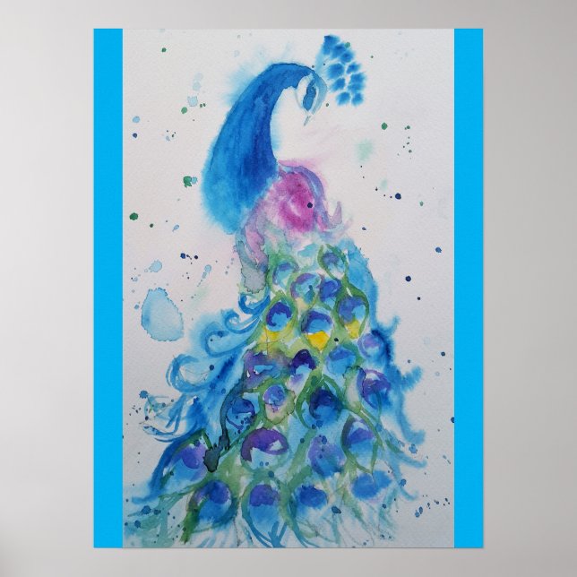 Fina Peacock Watercolor Painting Art Poster (Framsidan)