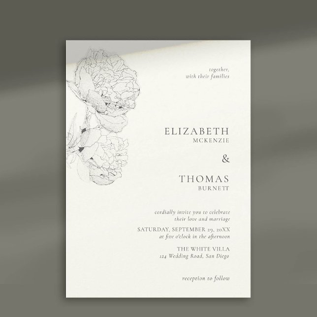 Fina Peonies Bläck Pearl White Elegant bröllop Inbjudningar (peony wedding invitation large blooms ink sketch pearl white formal elegant modern classic)