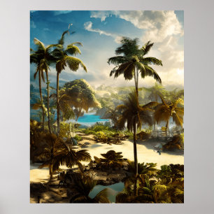 Fina Pos vid tropisk persikoteal vatten handflatan Poster