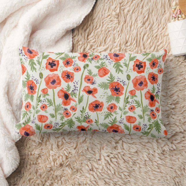 Fina Red Orange Poppies Mönster Lumbarkudde (Filt)