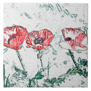 Fina Red Three Poppy Flowers Sketch Kakelplatta