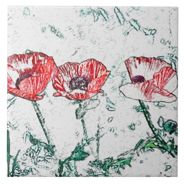 Fina Red Three Poppy Flowers Sketch Kakelplatta (Framsidan)
