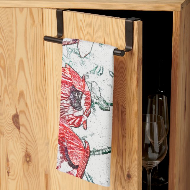 Fina Red Three Poppy Flowers Sketch Kökshandduk (Thirds Fold)