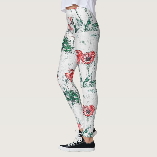 Fina Red Three Poppy Flowers Sketch Leggings (Vänster)