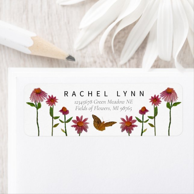 Fina Rosa Flowers Butterfly Returadress Etikett (Insitu)