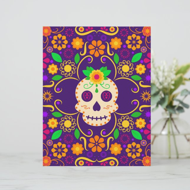 Fina Skull med Flowers Día de los Muertos Brevhuvud (Stående Fram)