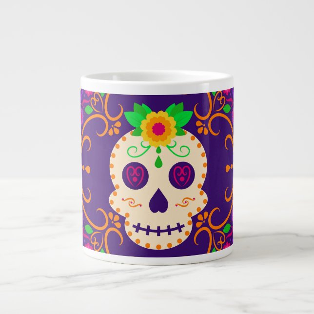 Fina Skull med Flowers Día de los Muertos Jumbo Mugg (Framsidan)