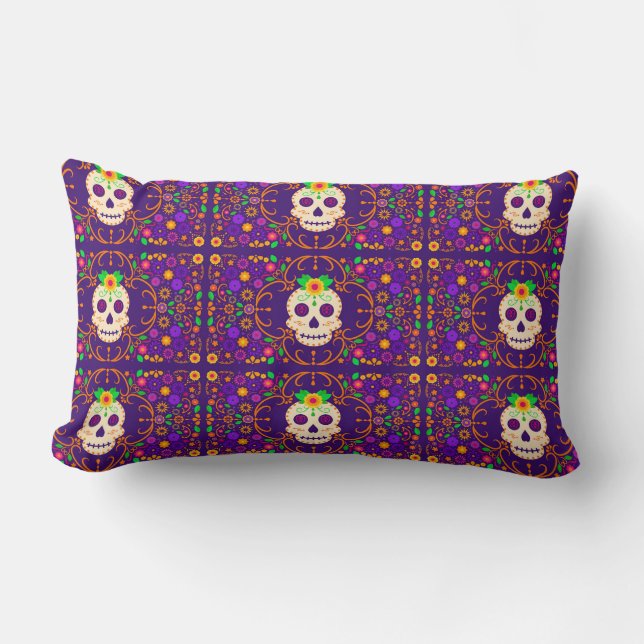 Fina Skull med Flowers Día de los Muertos Lumbarkudde (Framsida)