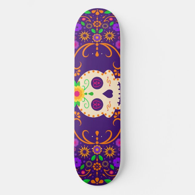 Fina Skull med Flowers Día de los Muertos Mini Skateboard Bräda 18,5 Cm (Framsida)