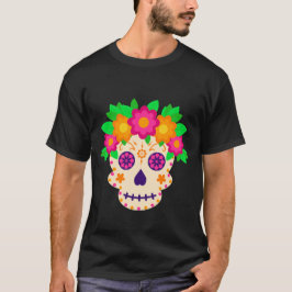 Fina Skull med Flowers Día de los Muertos T Shirt