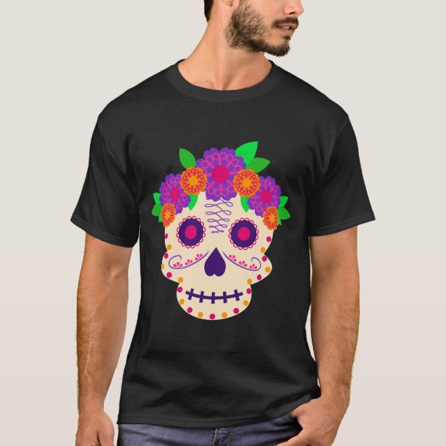 Fina Skull med Flowers Día de los Muertos T Shirt (Framsida)