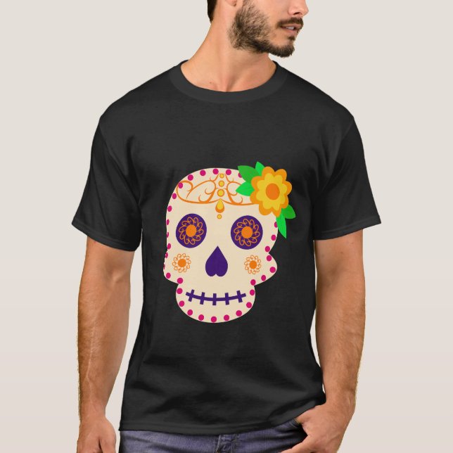 Fina Skull med Flowers Día de los Muertos T Shirt (Framsida)