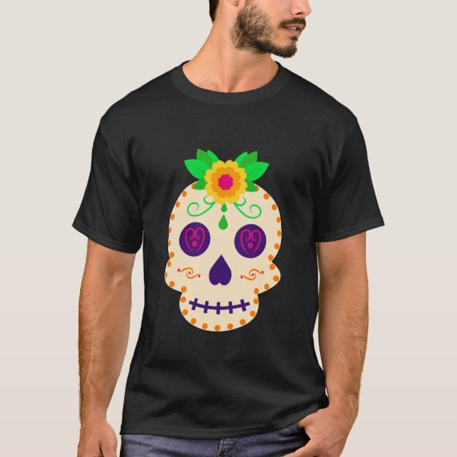 Fina Skull med Flowers Día de los Muertos T Shirt (Framsida)