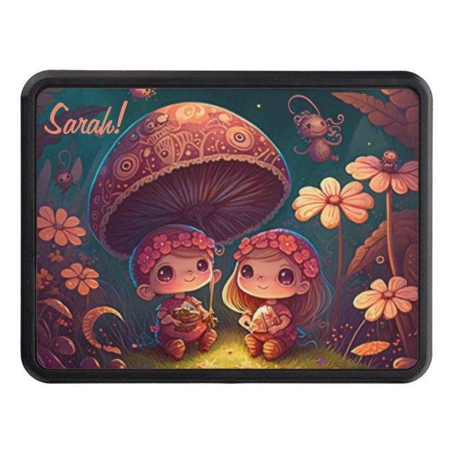 Fina, söta älvar leker under svampar dragkroksskydd (Framsidan)