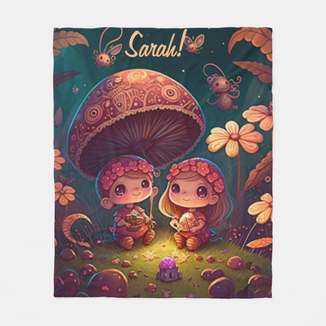 Fina, söta älvar leker under svampar fleecefilt (Framsidan)