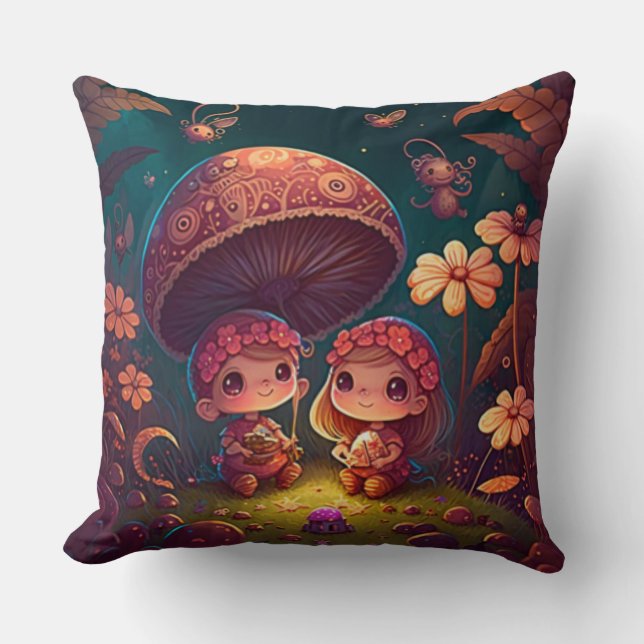 Fina, söta älvar leker under svampar kudde (Framsida)