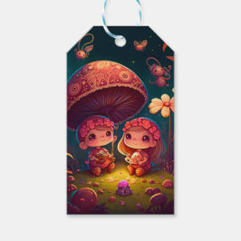 Fina, söta älvar leker under svampar presentetikett