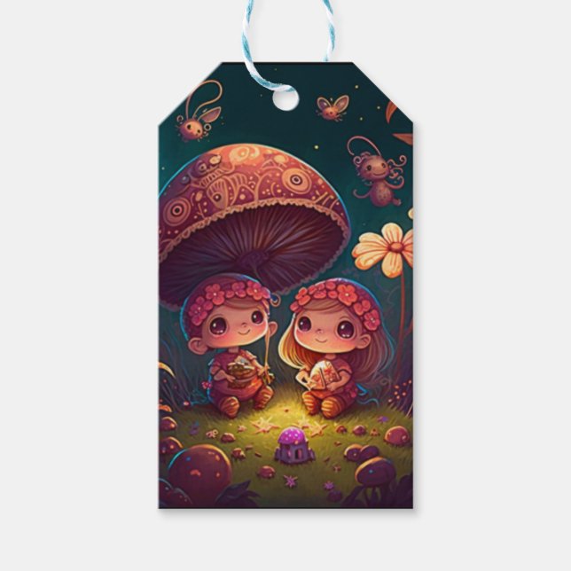 Fina, söta älvar leker under svampar presentetikett (Framsidan)